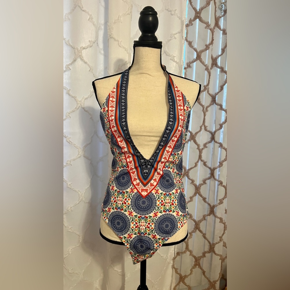 Kiss The Sky Deep Plunge Festival Print Bodysuit, Size L NWT
